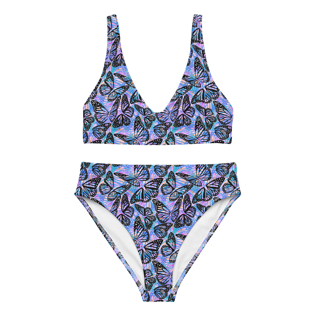 Pink and purple butterfly print recycled high-waisted bikini by Printful, front view showing vibrant all-over design and high waist fit.