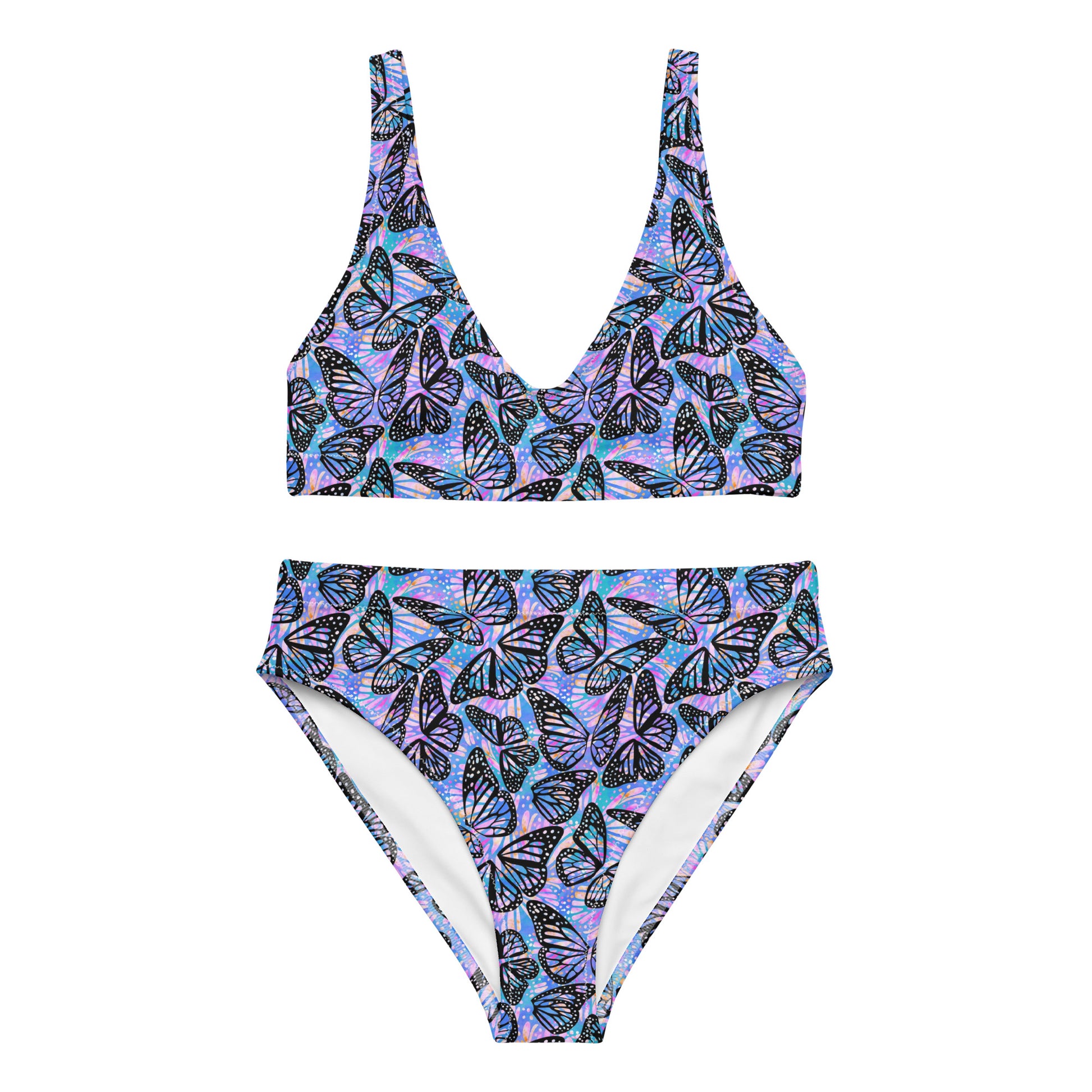 Pink and purple butterfly print recycled high-waisted bikini by Printful, front view showing vibrant all-over design and high waist fit.
