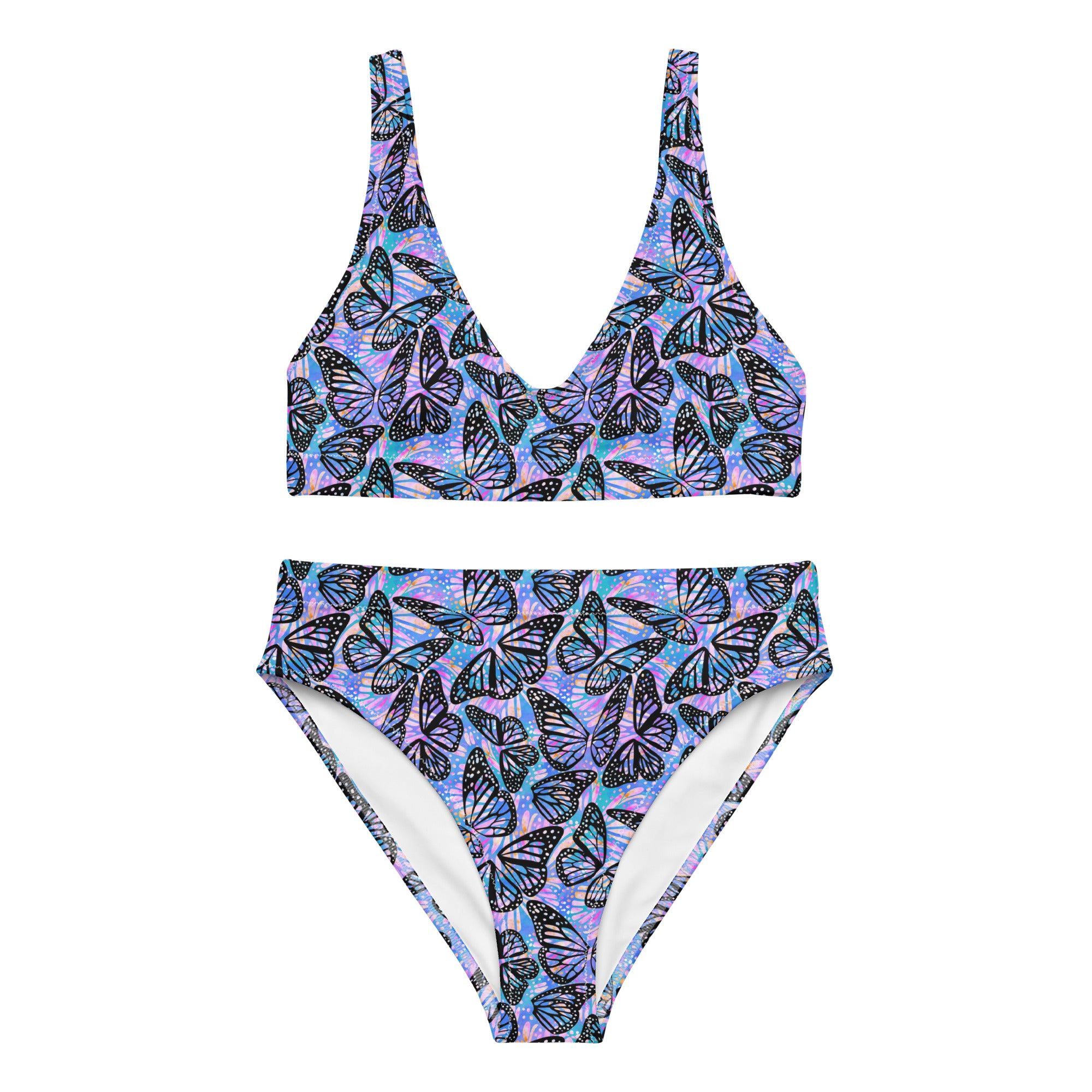 Pink and purple butterfly print recycled high-waisted bikini by Printful, front view showing vibrant all-over design and high waist fit.