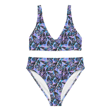 Pink and purple butterfly print recycled high-waisted bikini by Printful, front view showing vibrant all-over design and high waist fit.