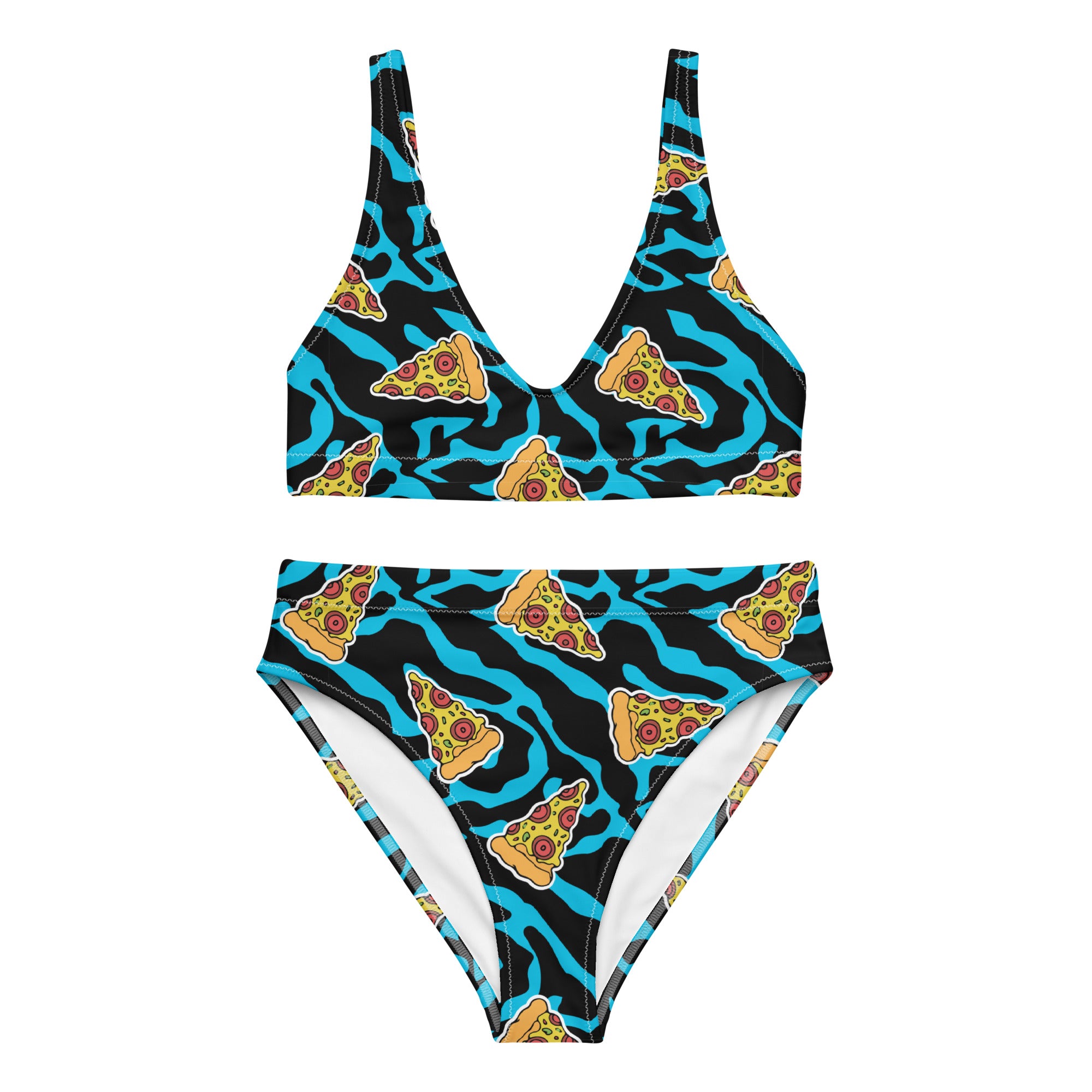 Recycled high-waisted bikini with blue and black pizza wave print by Printful, front view showing all-over design and high waist.