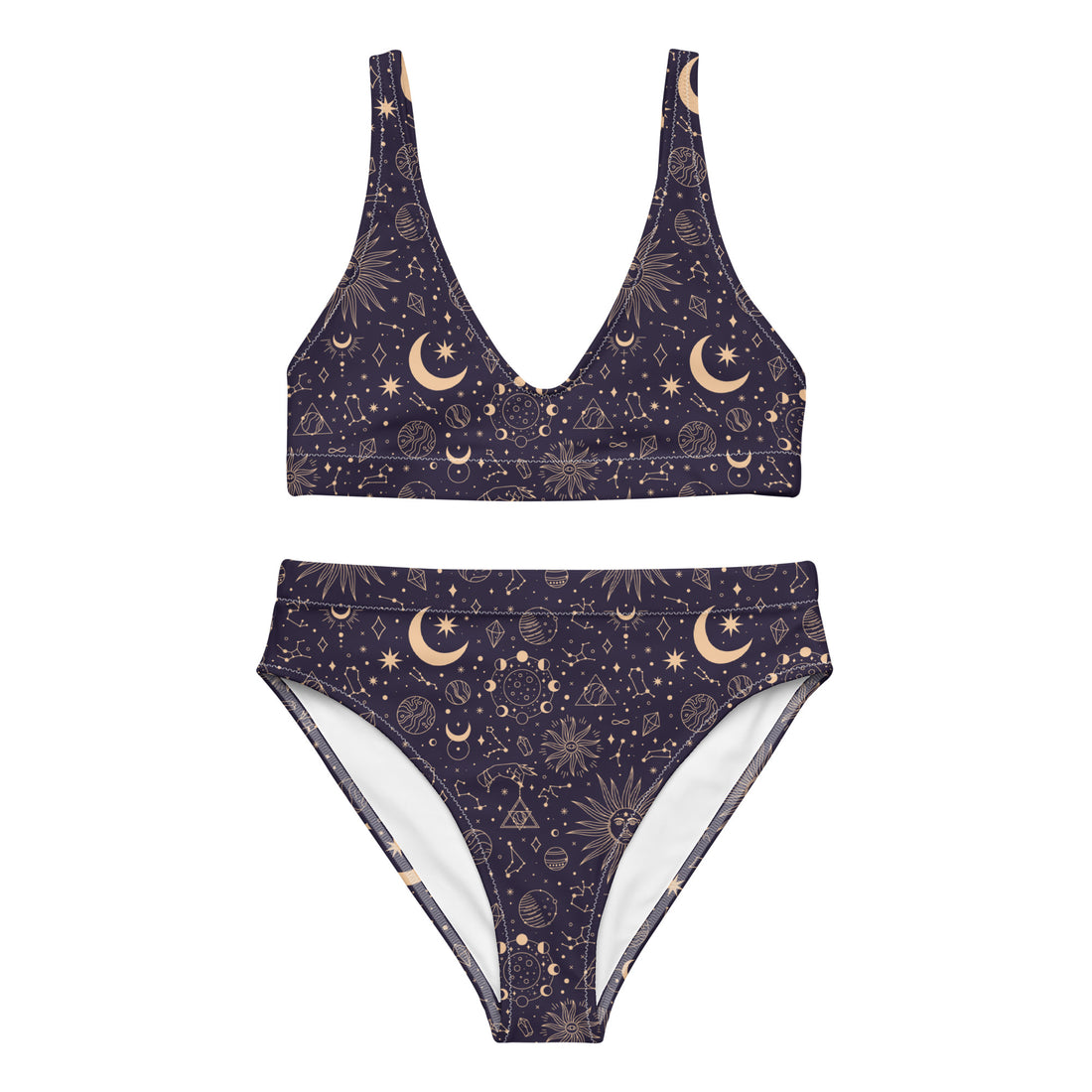Recycled high-waisted bikini by Printful with purple, gold sun and moon celestial pattern on white background, front view.