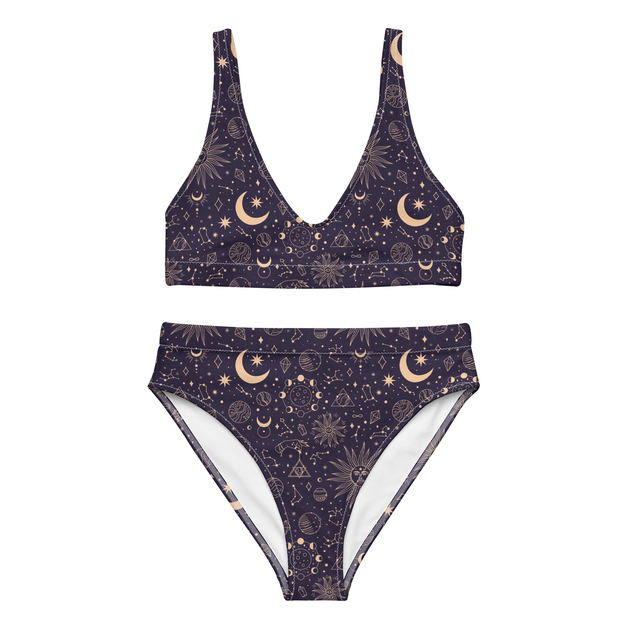 Recycled high-waisted bikini by Printful with purple, gold sun and moon celestial pattern on white background, front view.