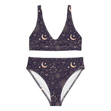 Recycled high-waisted bikini by Printful with purple, gold sun and moon celestial pattern on white background, front view.