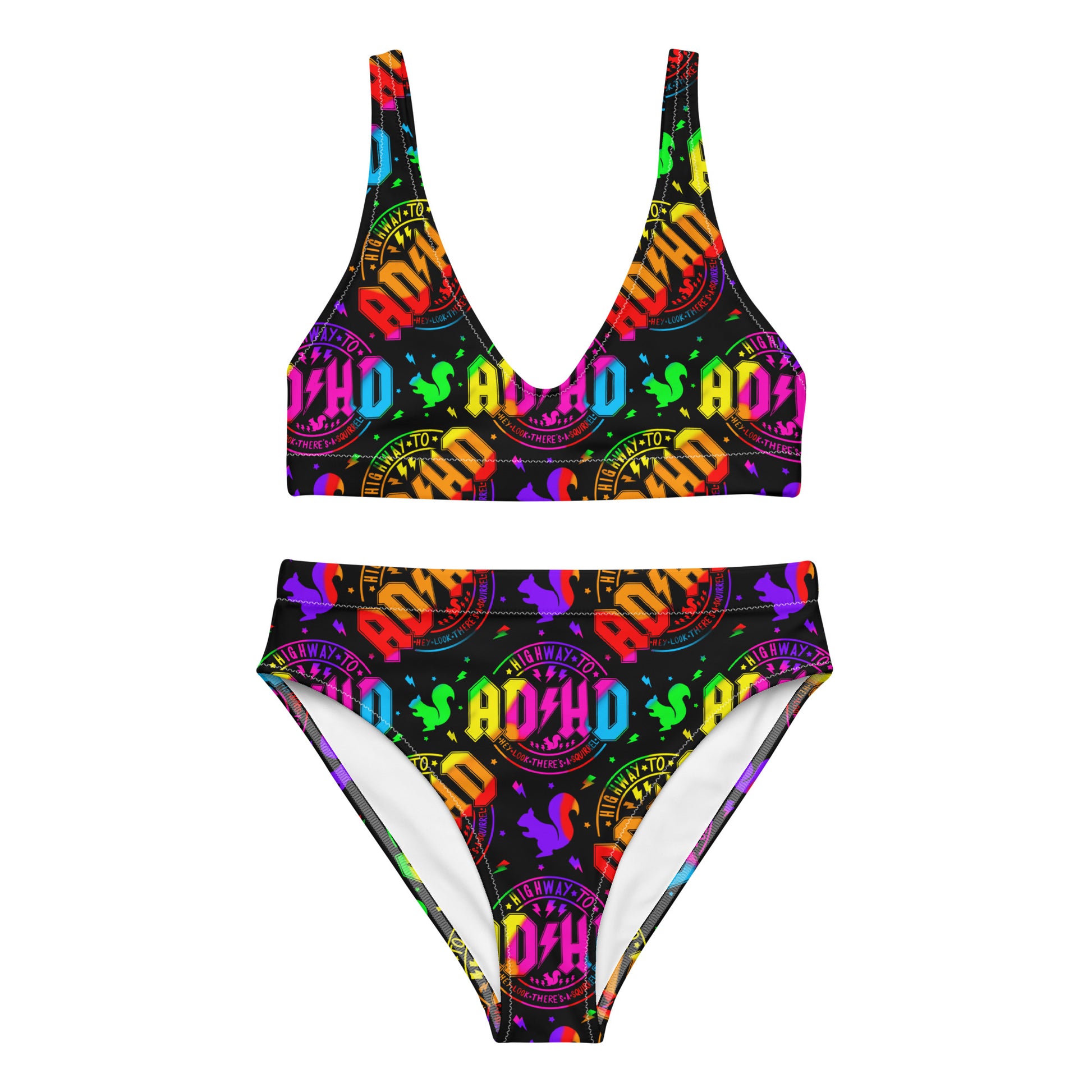 Recycled high-waisted bikini with ADHD squirrel print, white background, front view, available in XS-3XL, by Printful.