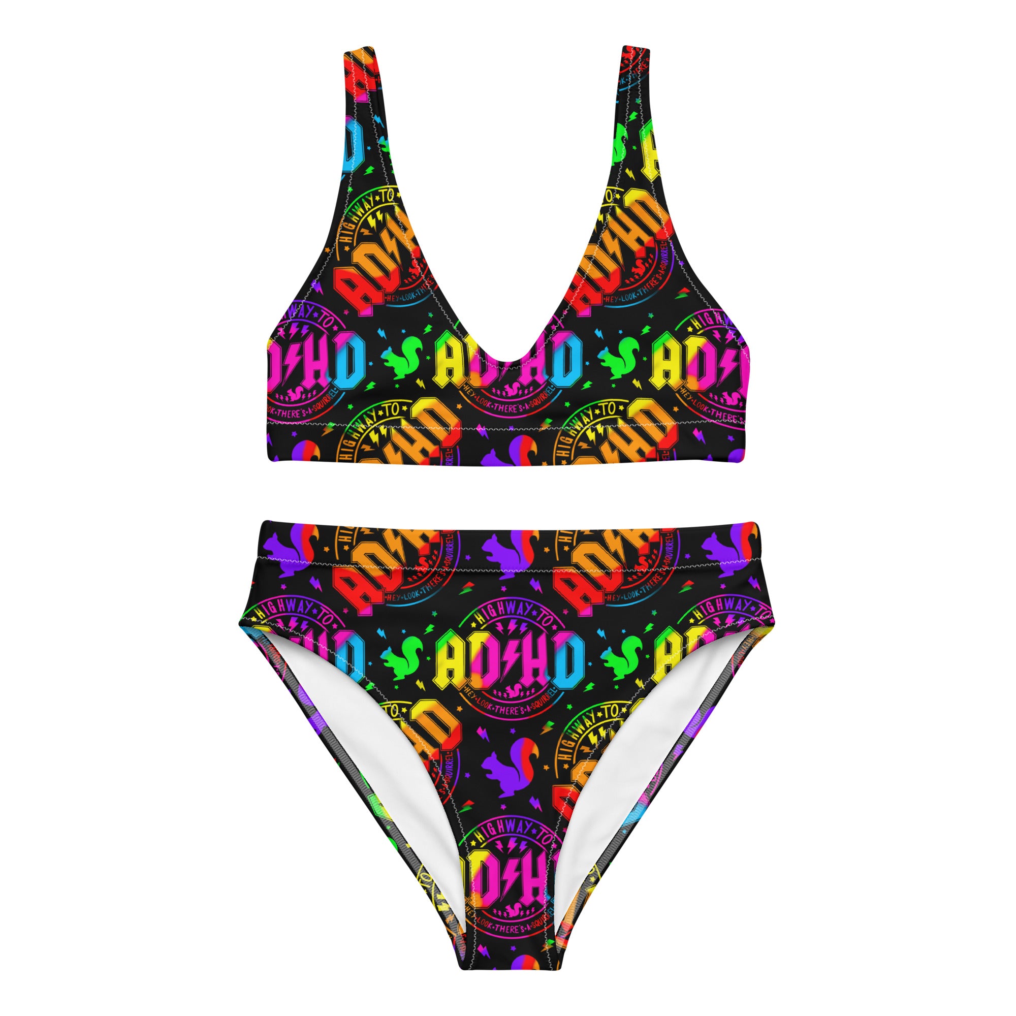 Recycled high-waisted bikini with ADHD squirrel print, white background, front view, available in XS-3XL, by Printful.