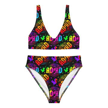 Recycled high-waisted bikini with ADHD squirrel print, white background, front view, available in XS-3XL, by Printful.