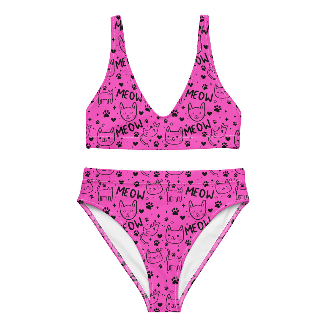 Bright pink recycled high-waisted bikini with all-over cat print from Printful, front view showing vibrant design and high waist.