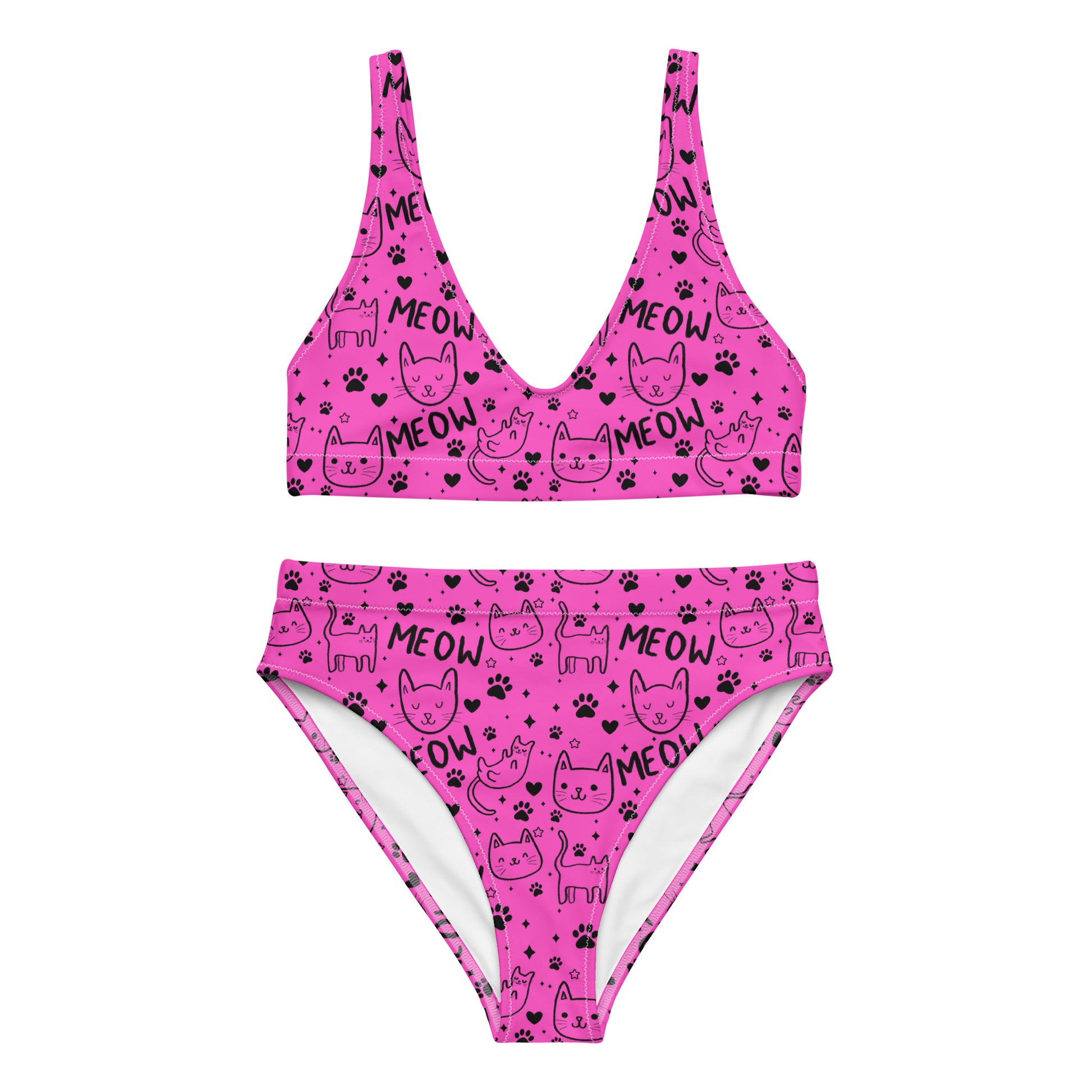 Bright pink recycled high-waisted bikini with all-over cat print from Printful, front view showing vibrant design and high waist.