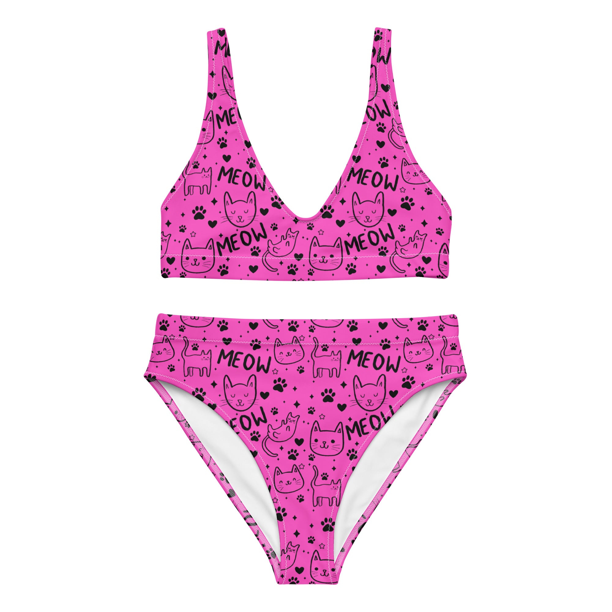 Bright pink recycled high-waisted bikini with all-over cat print from Printful, front view showing vibrant design and high waist.