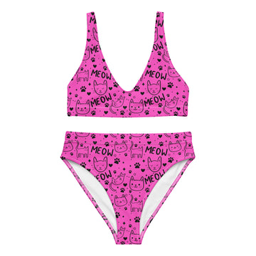 Bright pink recycled high-waisted bikini with all-over cat print from Printful, front view showing vibrant design and high waist.