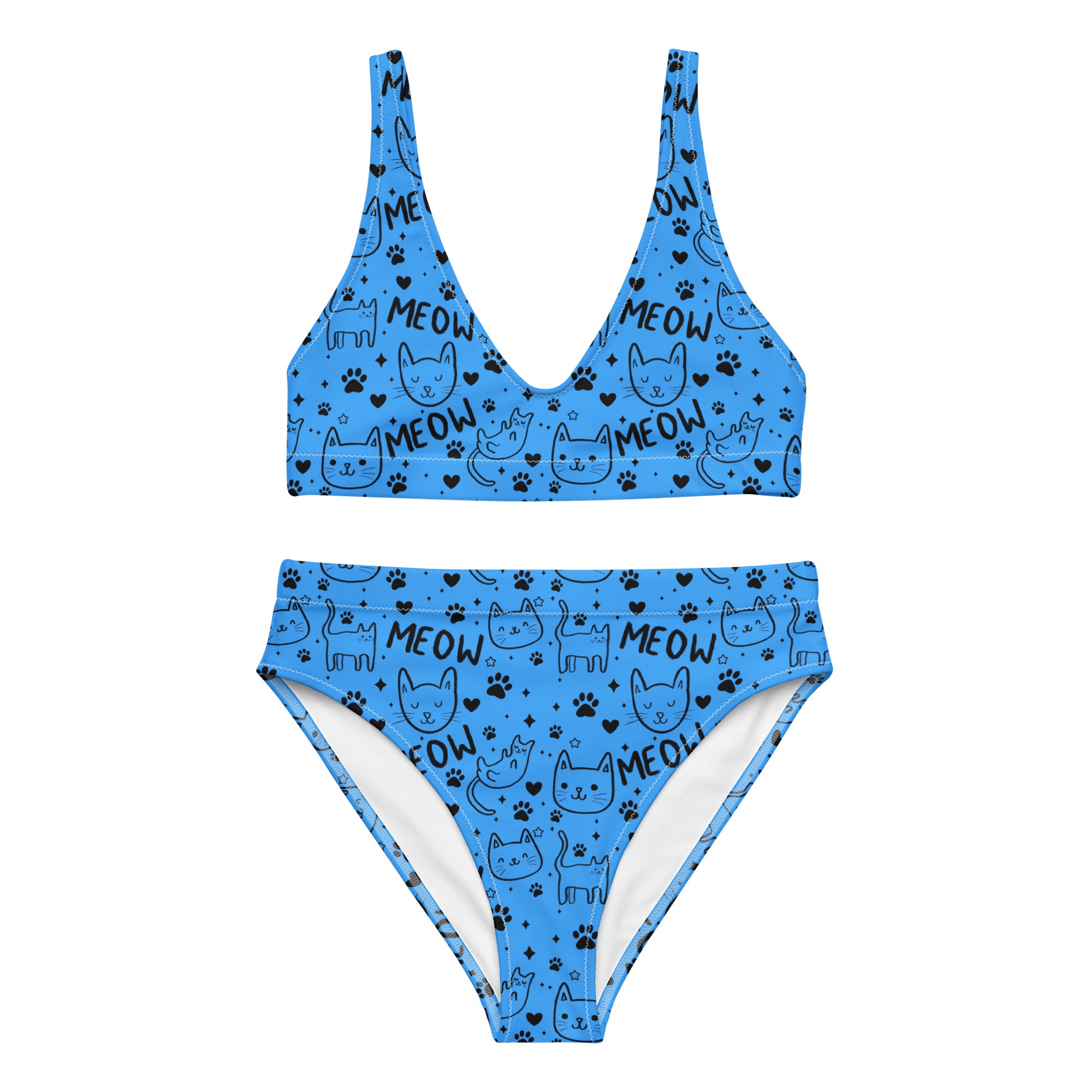 Blue recycled high-waisted bikini with all-over cat print from Printful, shown from the front in a natural pose.