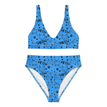 Blue recycled high-waisted bikini with all-over cat print from Printful, shown from the front in a natural pose.
