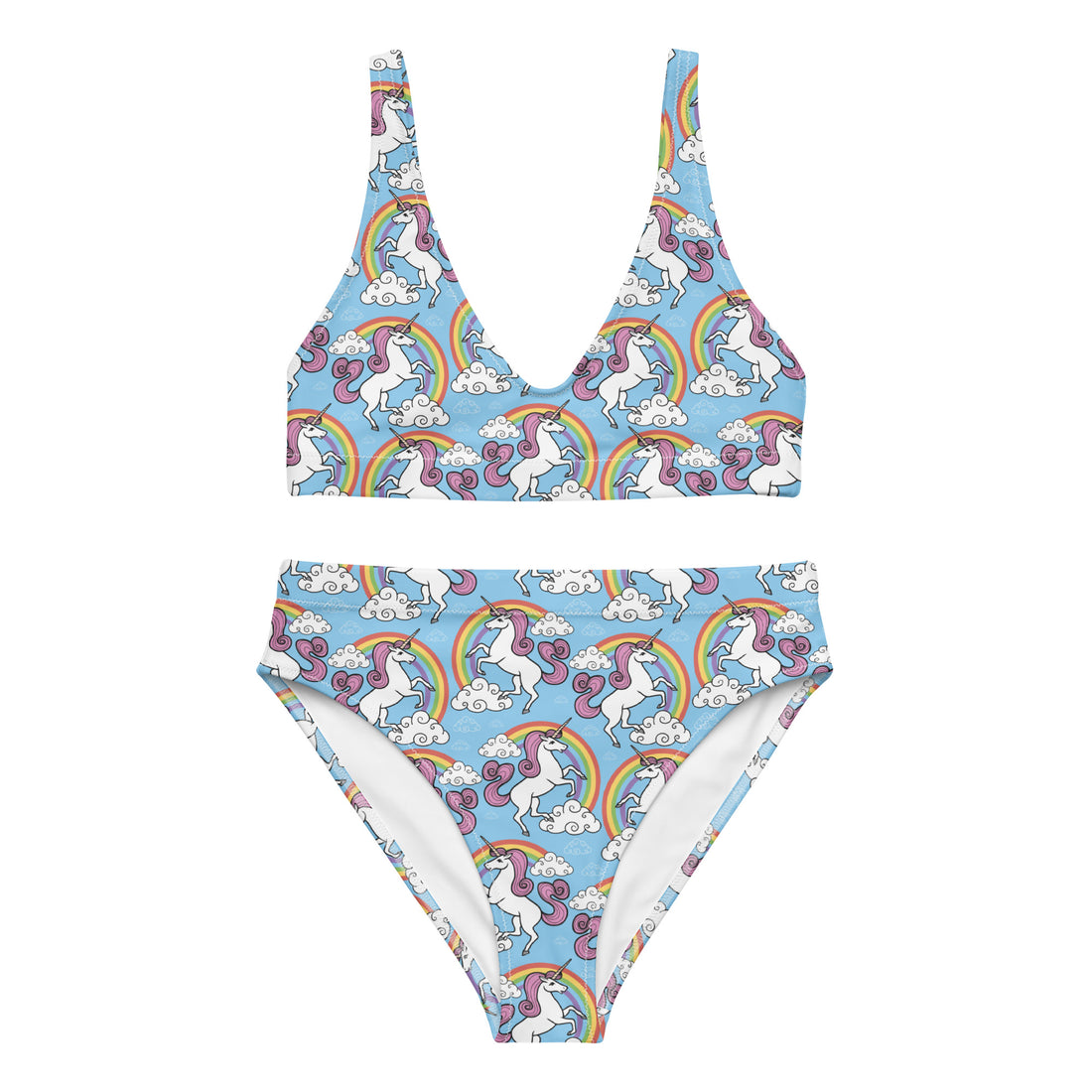 Recycled high-waisted bikini from Rainbows and Unicorns by Printful, white with colorful all-over rainbow and unicorn print, front view.