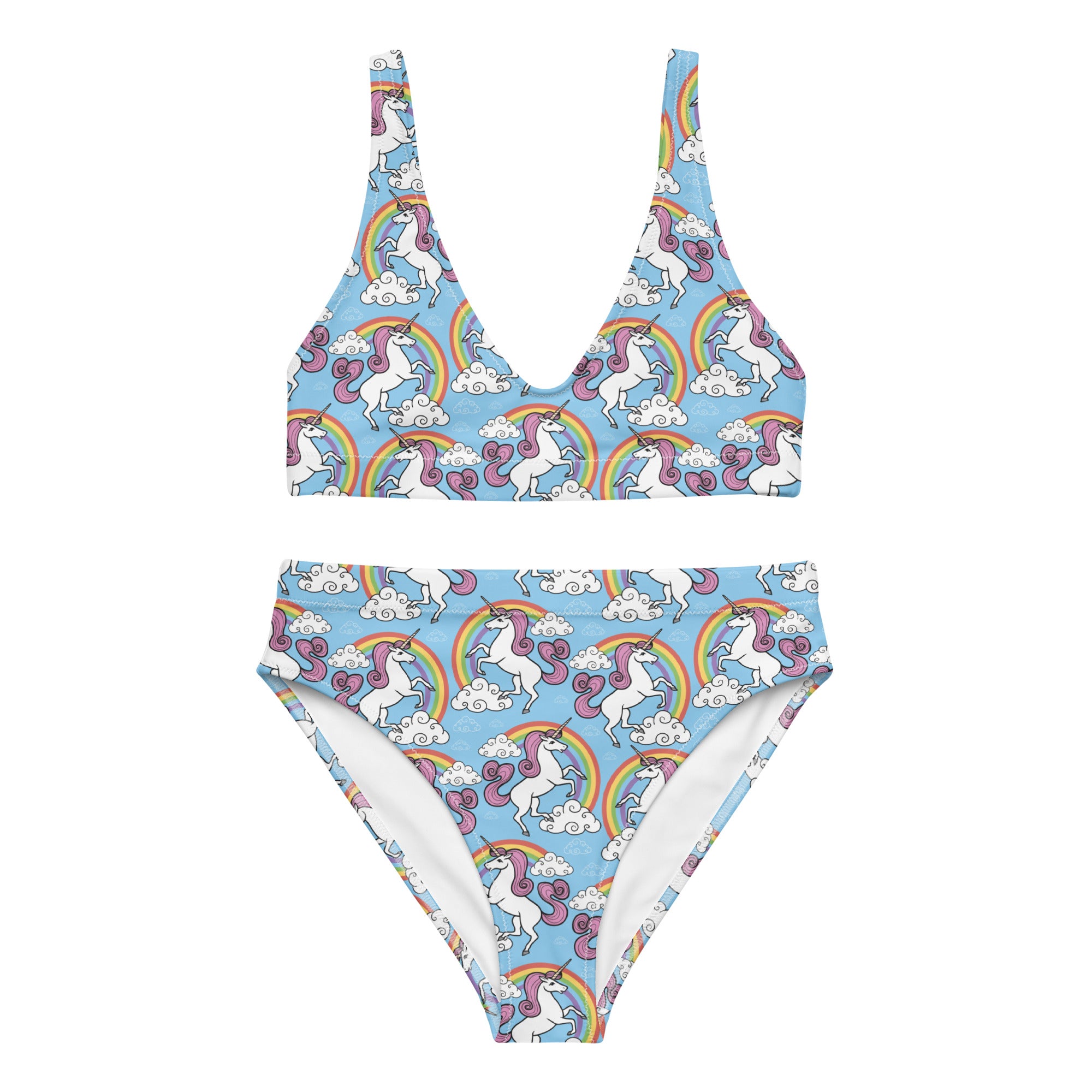 Recycled high-waisted bikini from Rainbows and Unicorns by Printful, white with colorful all-over rainbow and unicorn print, front view.