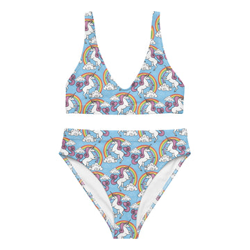 Recycled high-waisted bikini from Rainbows and Unicorns by Printful, white with colorful all-over rainbow and unicorn print, front view.