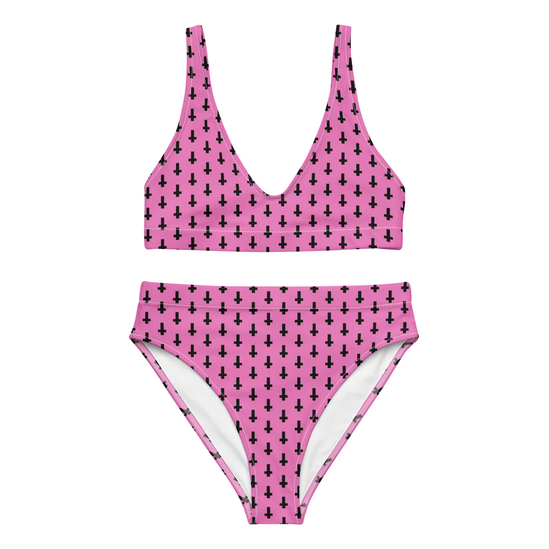 Recycled high-waisted bikini by Printful with pink inverted cross print, front view showing white fabric and bold design.