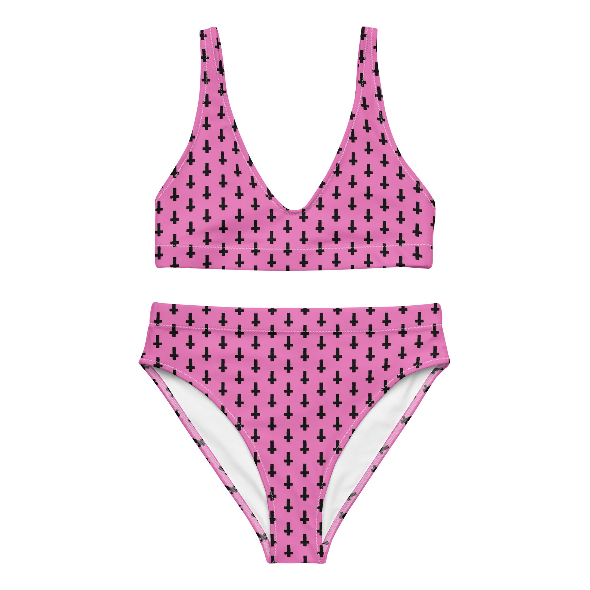 Recycled high-waisted bikini by Printful with pink inverted cross print, front view showing white fabric and bold design.