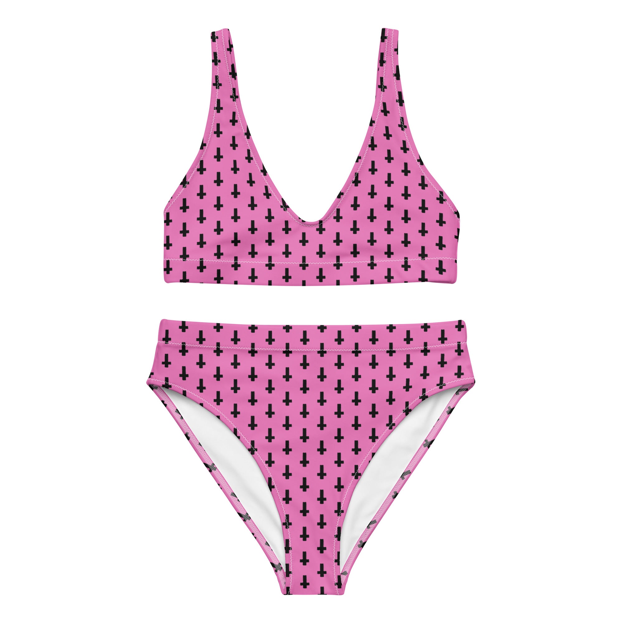 Recycled high-waisted bikini by Printful with pink inverted cross print, front view showing white fabric and bold design.