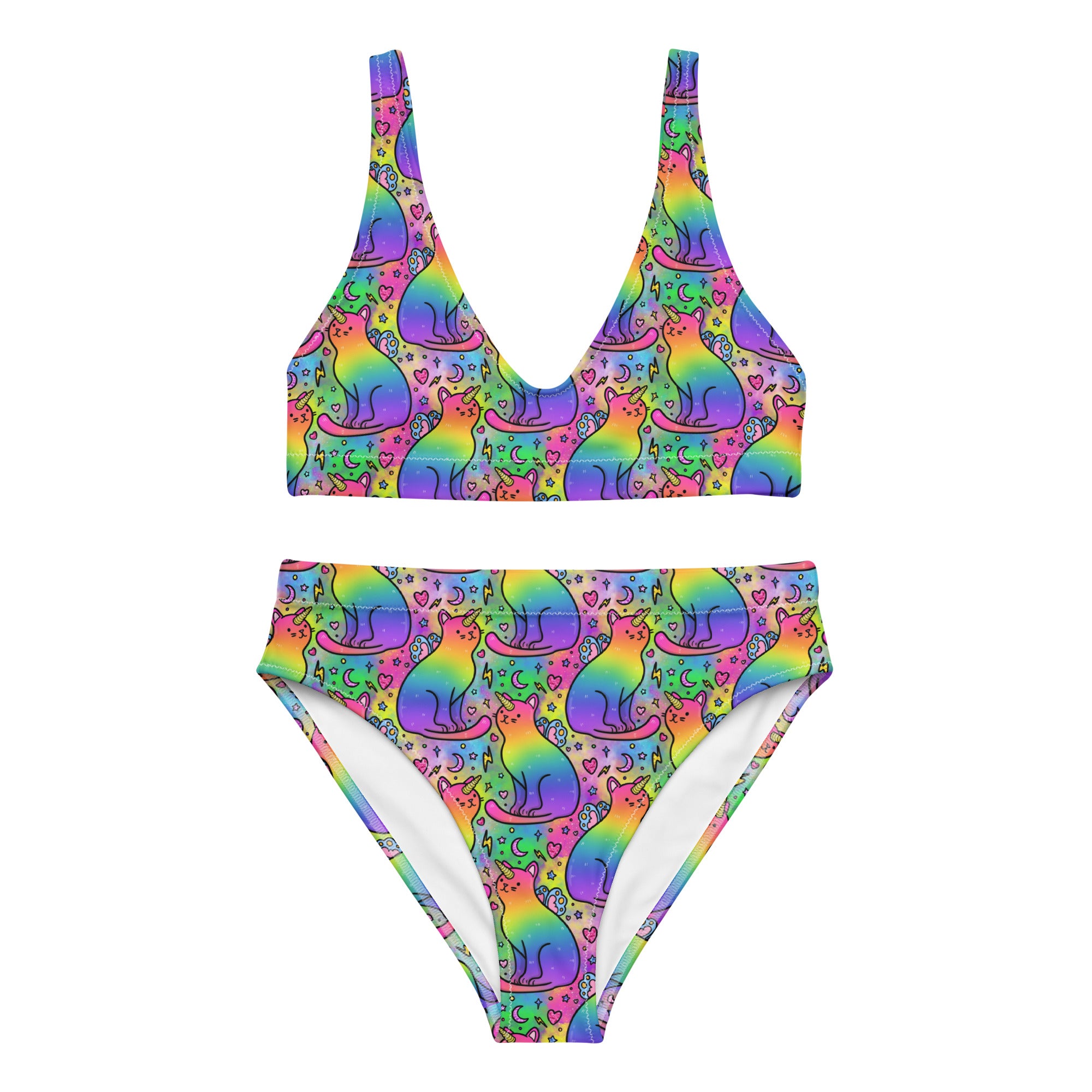 Recycled high-waisted bikini with rainbow unicorn cats print from Printful, shown in white front view.