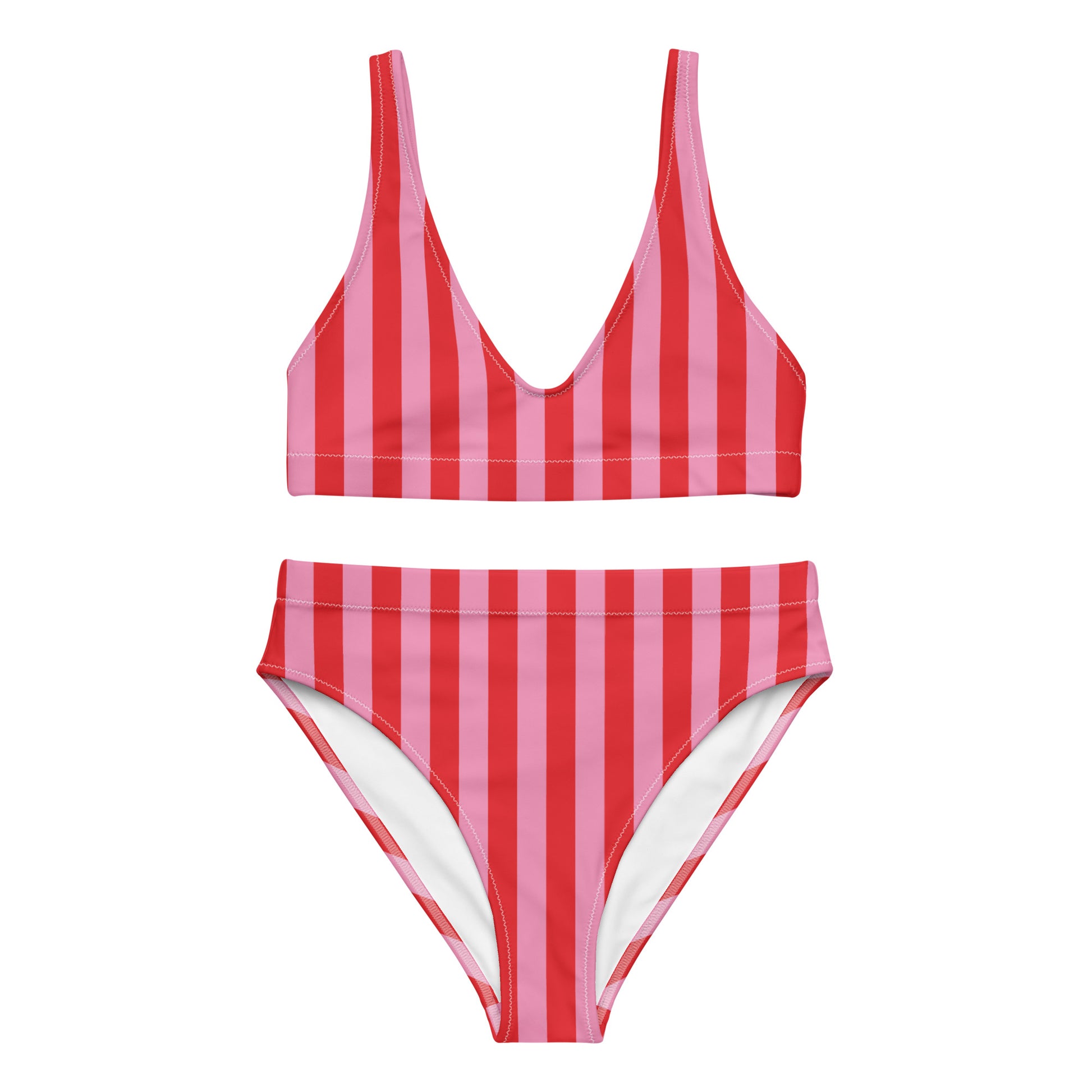 Recycled high-waisted bikini by Printful with pink and red stripe pattern, shown from the front on a white background.