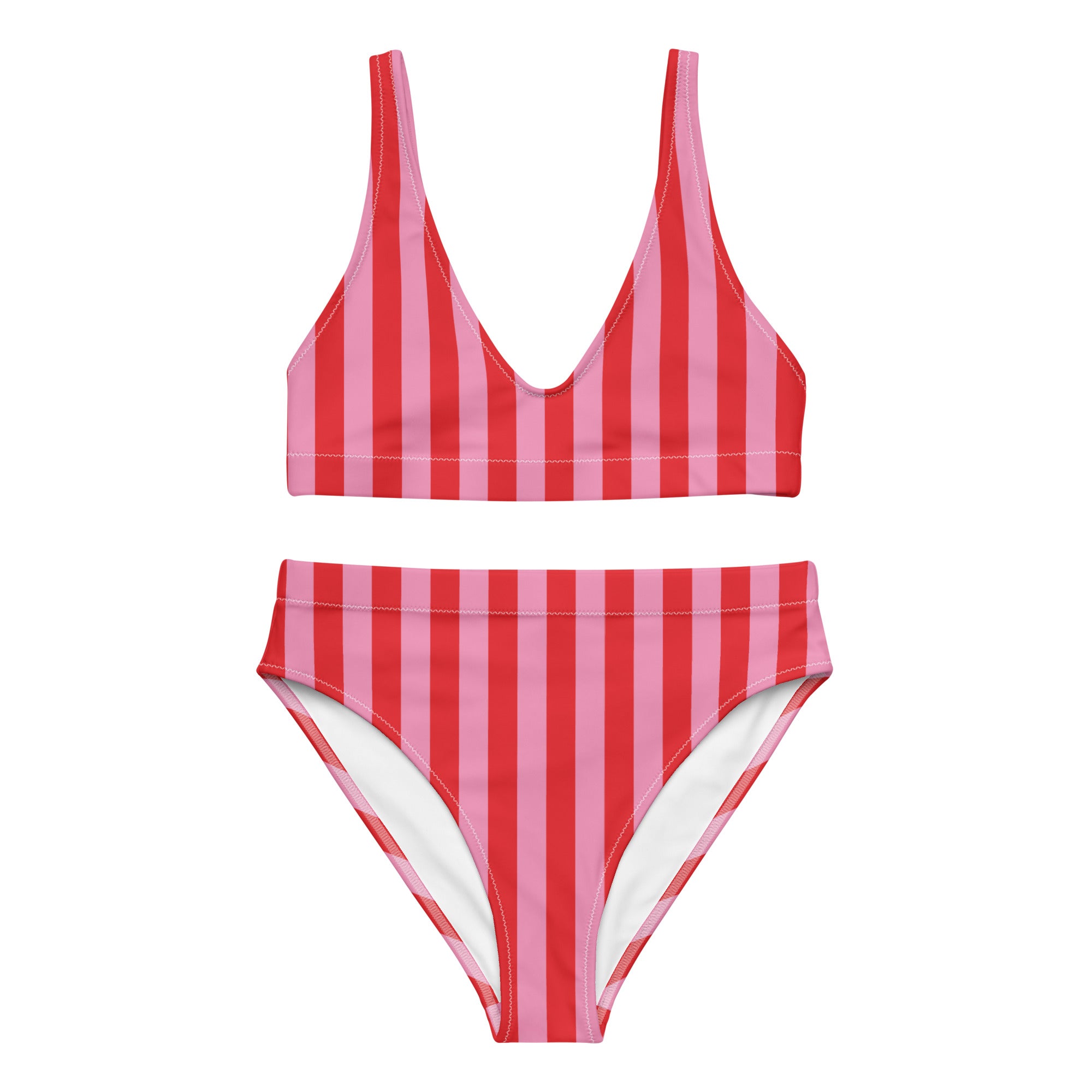 Recycled high-waisted bikini by Printful with pink and red stripe pattern, shown from the front on a white background.