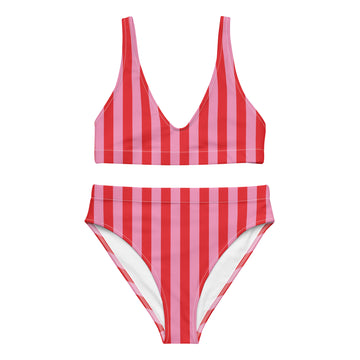 Recycled high-waisted bikini by Printful with pink and red stripe pattern, shown from the front on a white background.