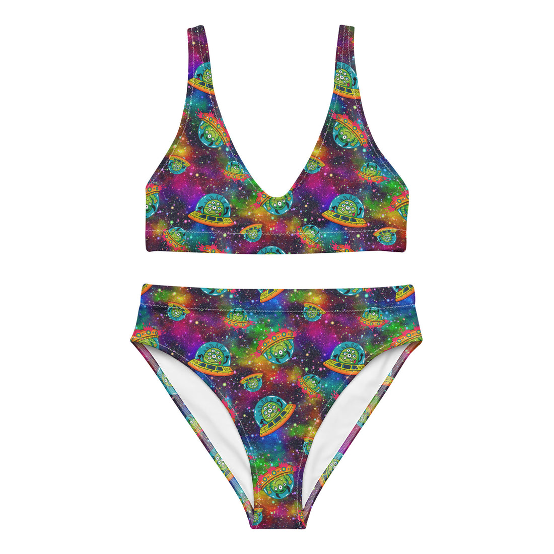 Recycled high-waisted bikini with aliens in space print, featuring a white background and vibrant all-over design.