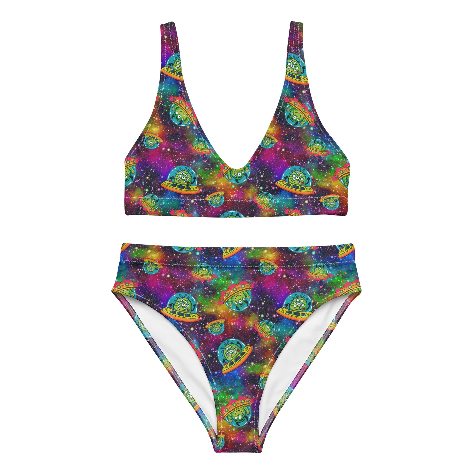 Recycled high-waisted bikini with aliens in space print, featuring a white background and vibrant all-over design.