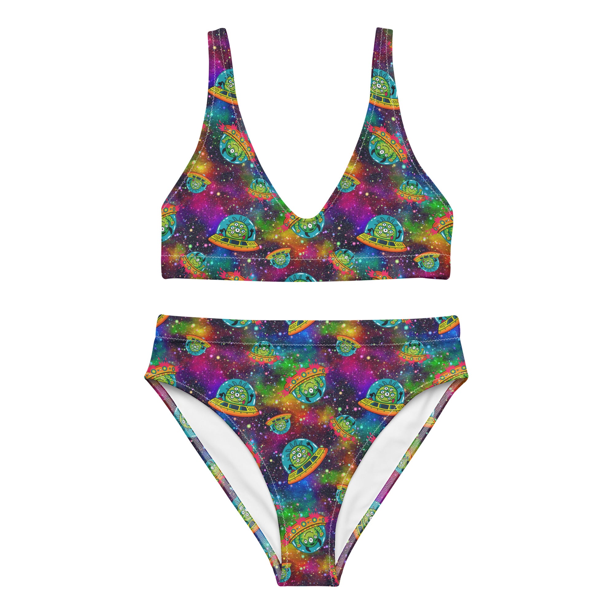 Recycled high-waisted bikini with aliens in space print, featuring a white background and vibrant all-over design.