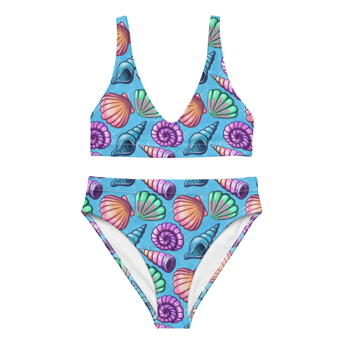 Recycled high-waisted bikini from Printful with seashells print, white background, front view, available in XS to 3XL sizes.