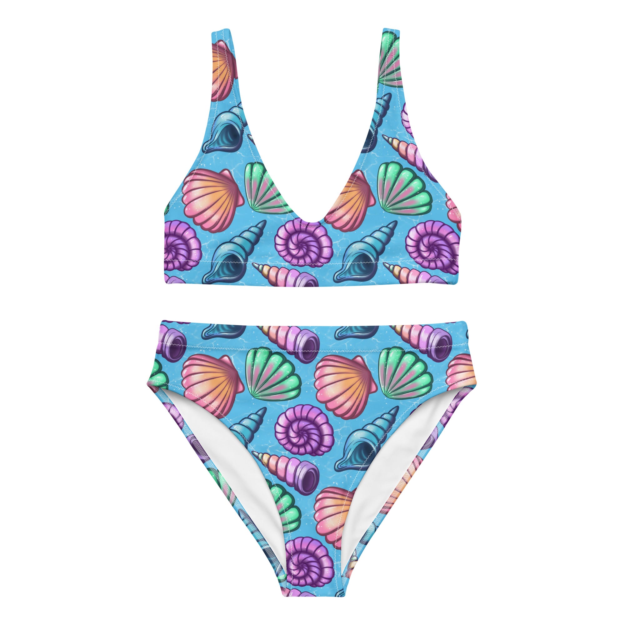 Recycled high-waisted bikini from Printful with seashells print, white background, front view, available in XS to 3XL sizes.