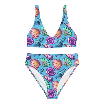 Recycled high-waisted bikini from Printful with seashells print, white background, front view, available in XS to 3XL sizes.