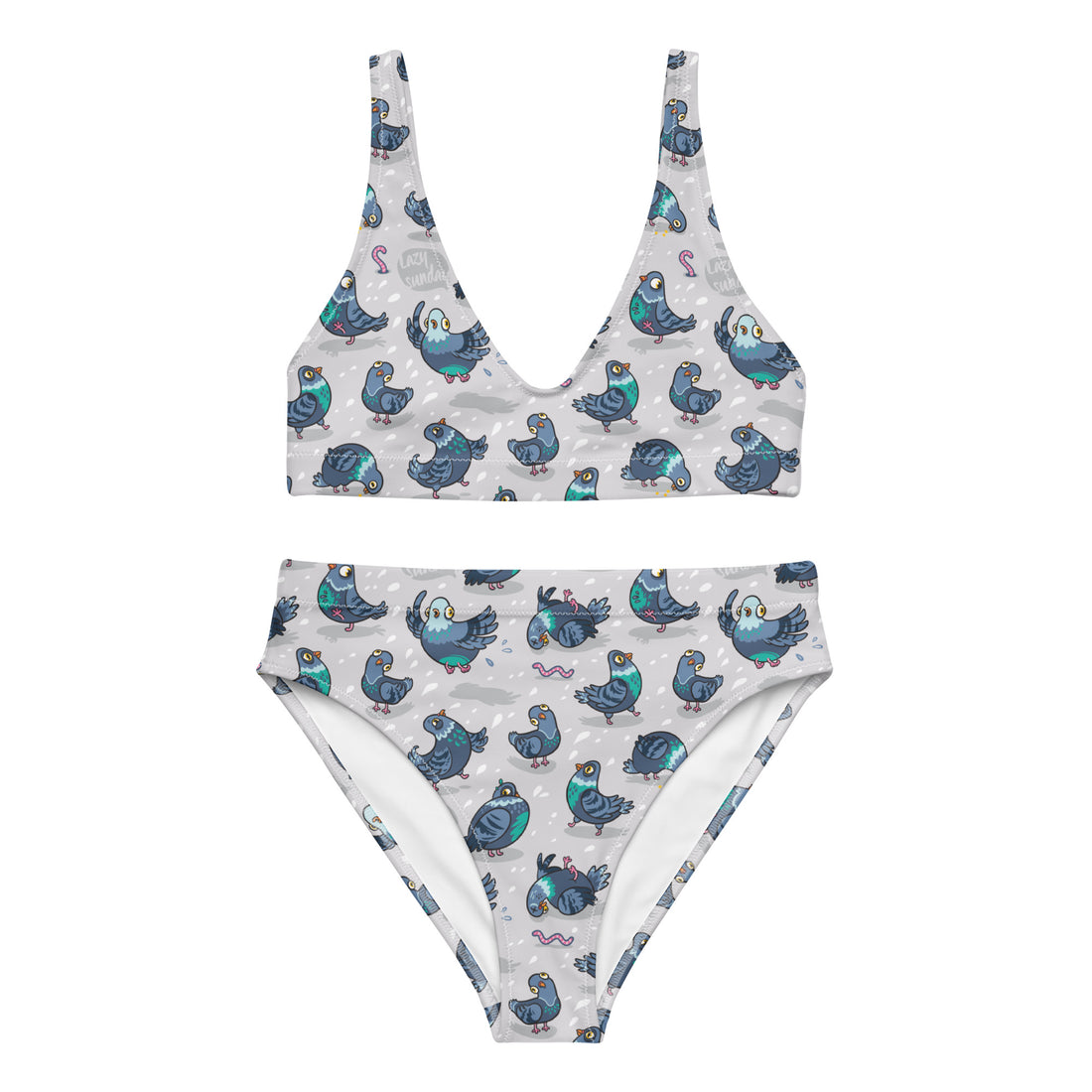 Recycled high-waisted bikini with silly pigeons print in white, featuring a flattering fit and vibrant all-over pattern.