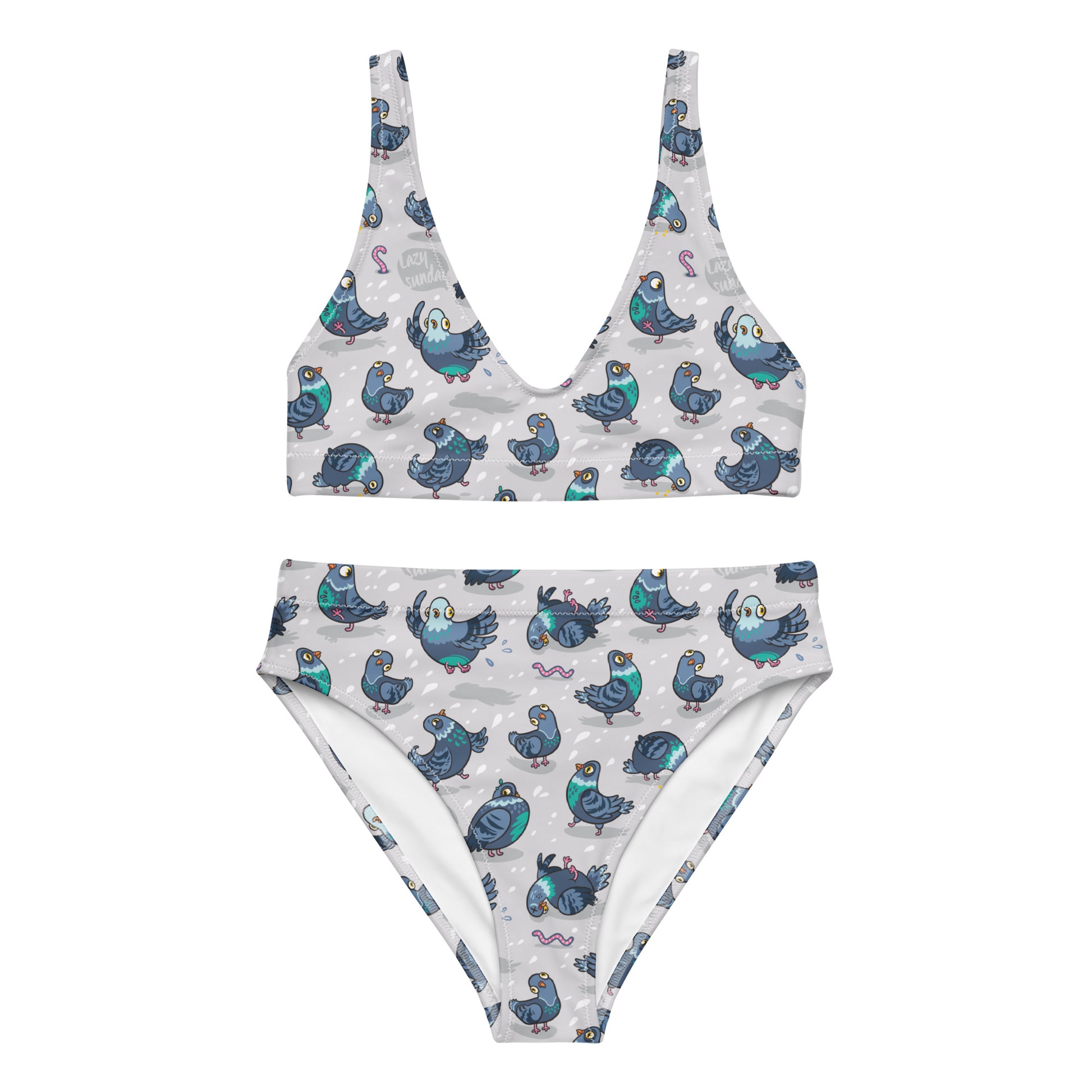 Recycled high-waisted bikini with silly pigeons print in white, featuring a flattering fit and vibrant all-over pattern.