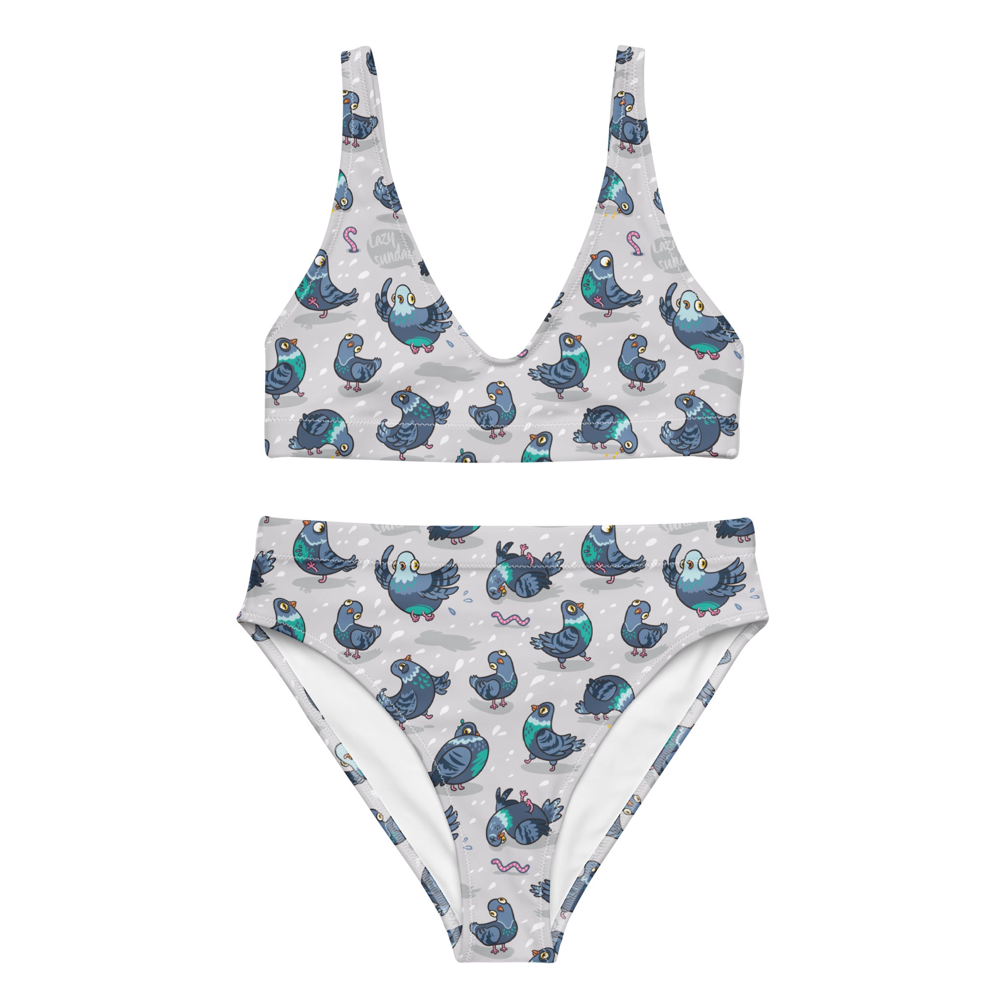 Recycled high-waisted bikini with silly pigeons print in white, featuring a flattering fit and vibrant all-over pattern.
