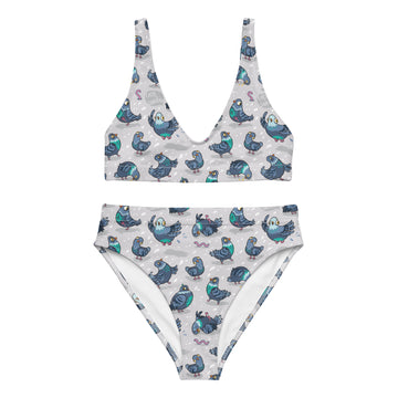Recycled high-waisted bikini with silly pigeons print in white, featuring a flattering fit and vibrant all-over pattern.