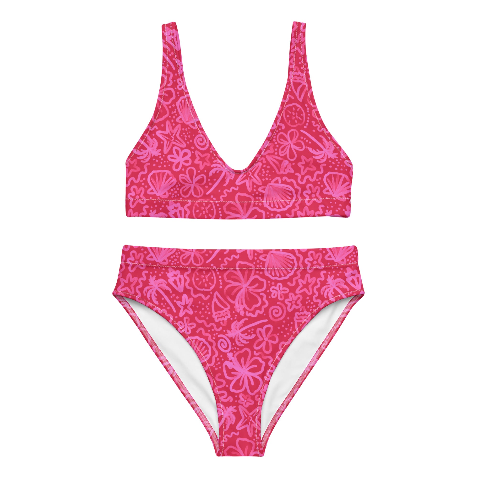 Bright pink recycled high-waisted bikini with seaside delight print from Printful, shown from the front view.