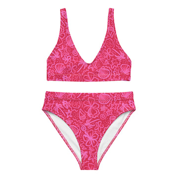 Bright pink recycled high-waisted bikini with seaside delight print from Printful, shown from the front view.