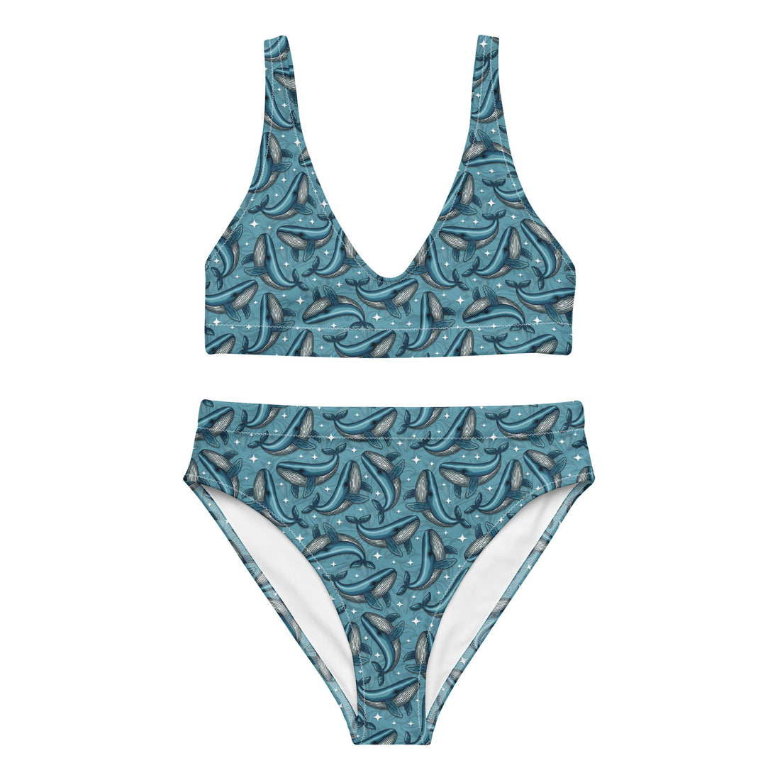Recycled high-waisted bikini with Winston whale print in white, featuring all-over whale design, front view, size XS to 3XL.