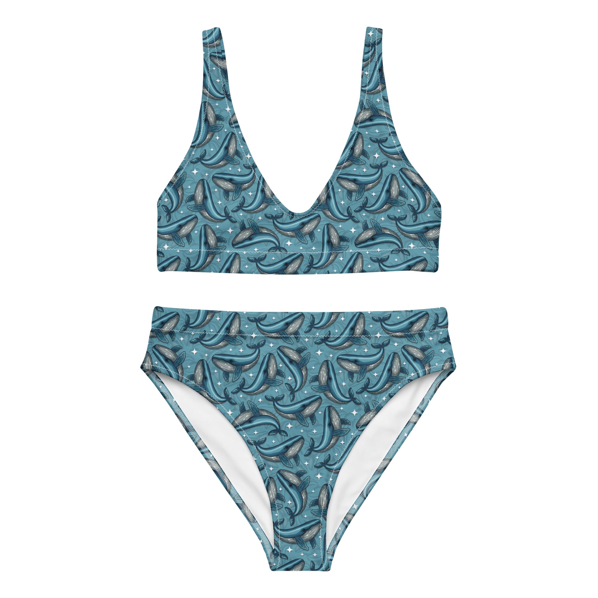 Recycled high-waisted bikini with Winston whale print in white, featuring all-over whale design, front view, size XS to 3XL.