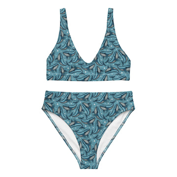 Recycled high-waisted bikini with Winston whale print in white, featuring all-over whale design, front view, size XS to 3XL.