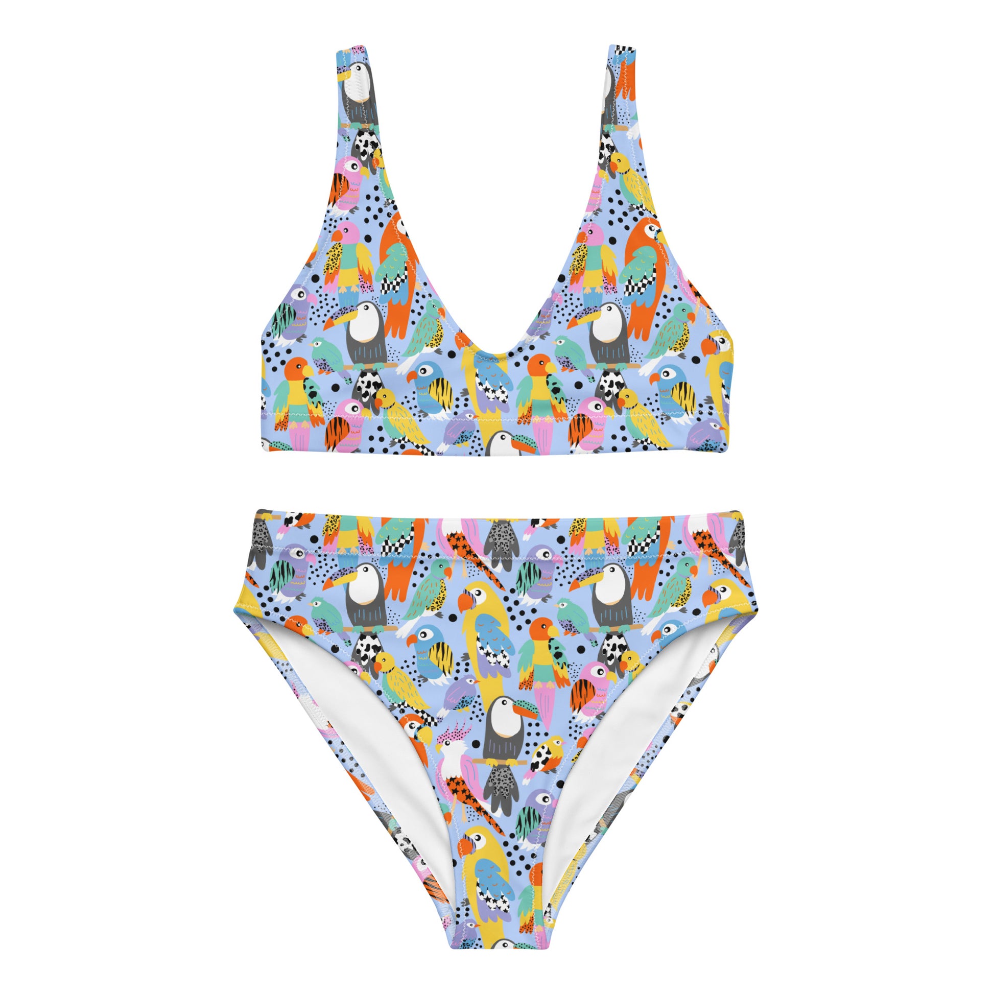 Recycled high-waisted bikini with tropical birds print on white fabric, featuring a front view and vibrant all-over design.