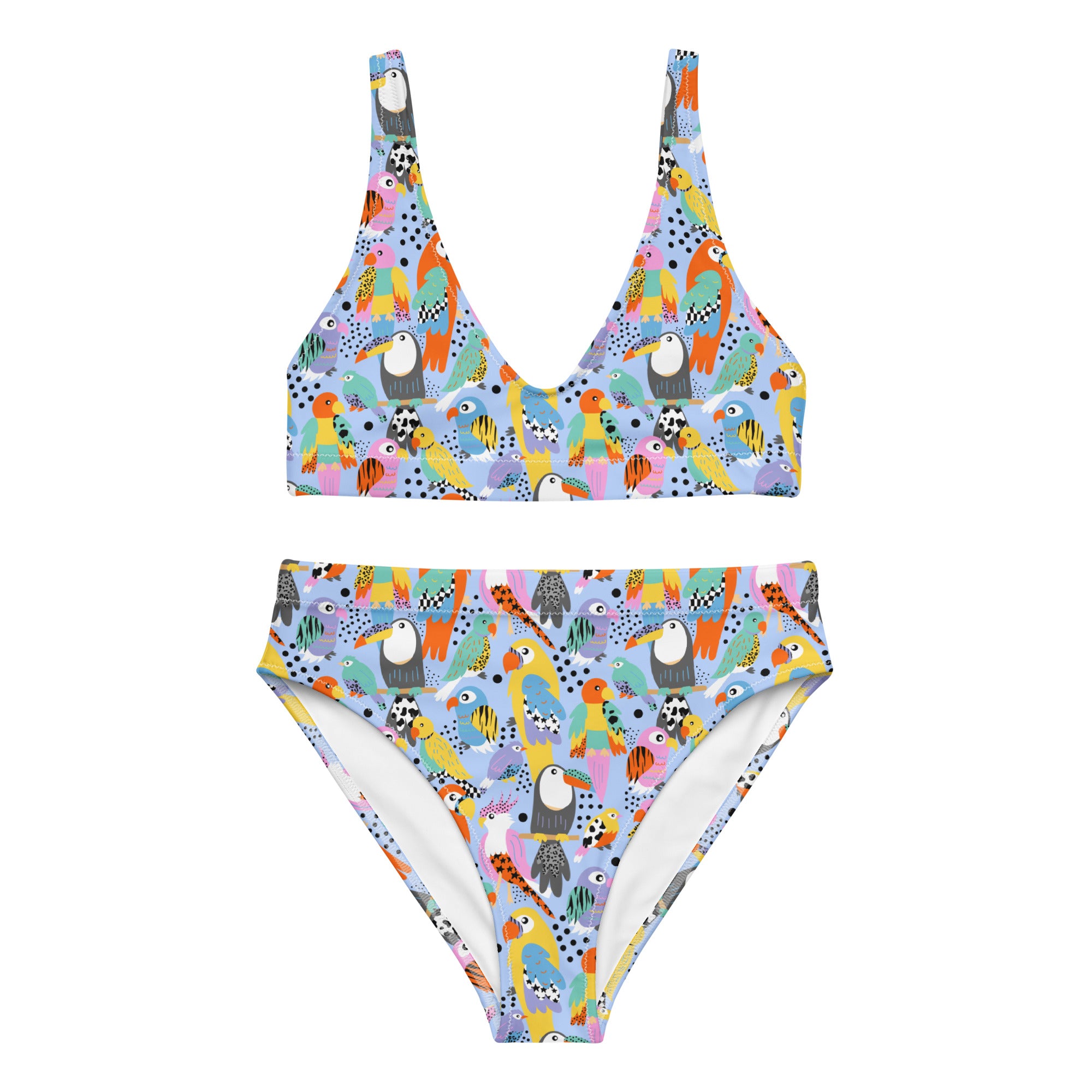 Recycled high-waisted bikini with tropical birds print on white fabric, featuring a front view and vibrant all-over design.