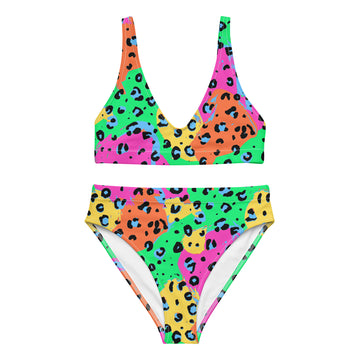 Recycled high-waisted bikini in neon swim safe leopard print by Printful, showing front view with vibrant pattern and white background.