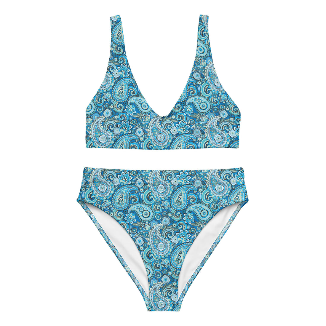 Recycled high-waisted bikini with paisley print in white, featuring a flattering fit and all-over colorful paisley design.