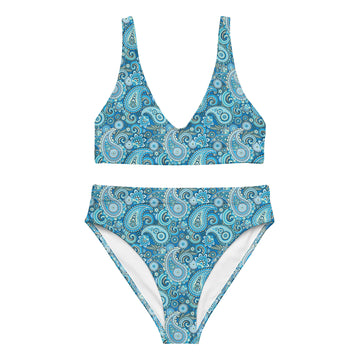Recycled high-waisted bikini with paisley print in white, featuring a flattering fit and all-over colorful paisley design.