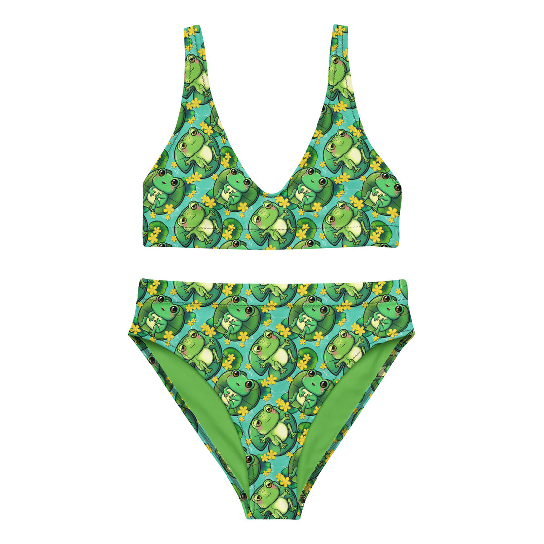 A two-piece bikini set featuring a green cartoon frog and yellow flower pattern on a turquoise background, shown flat against a solid white background.