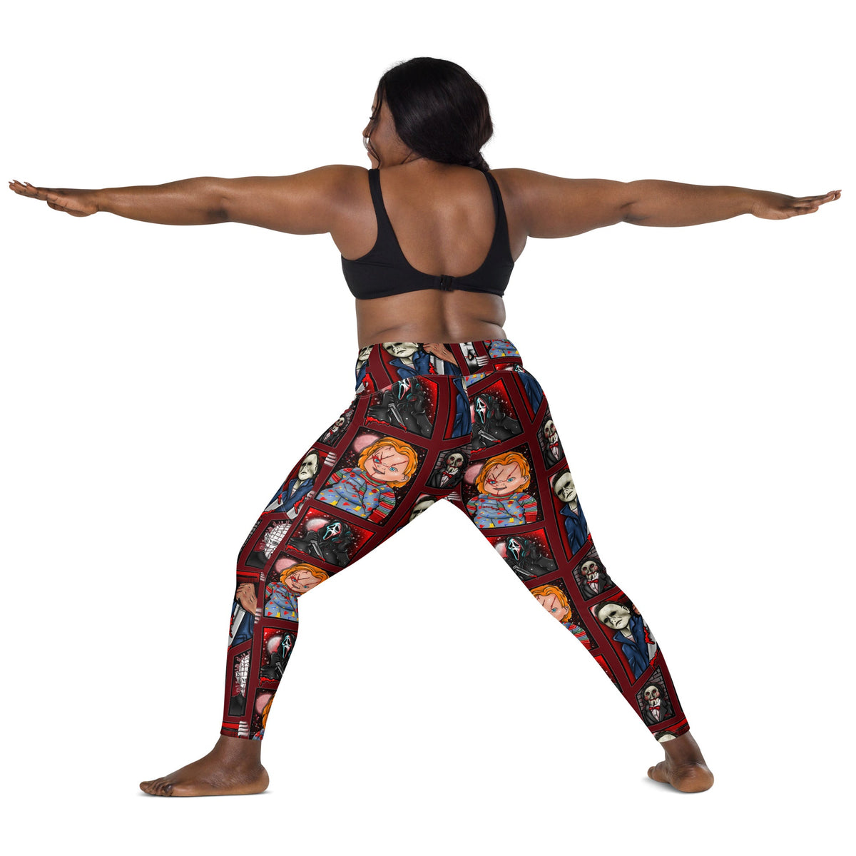 Recycled horror legends leggings with pockets, all-over print in white featuring spooky graphic designs by Printful.