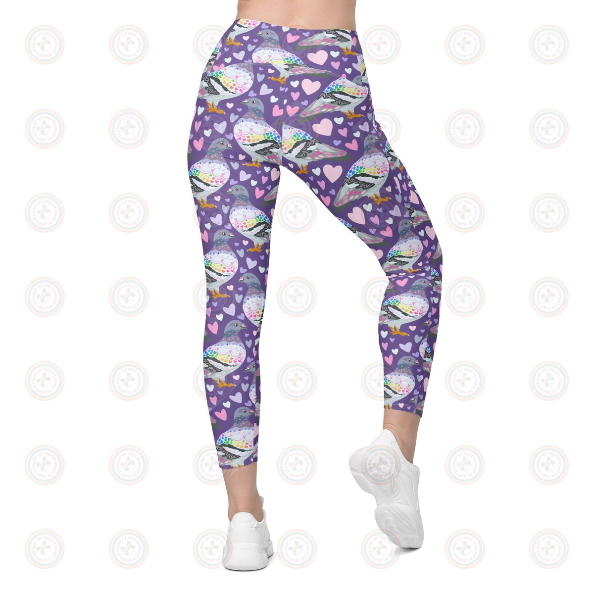 Printful recycled leggings featuring all-over pigeon design with pockets, in white background, eco-friendly activewear.
